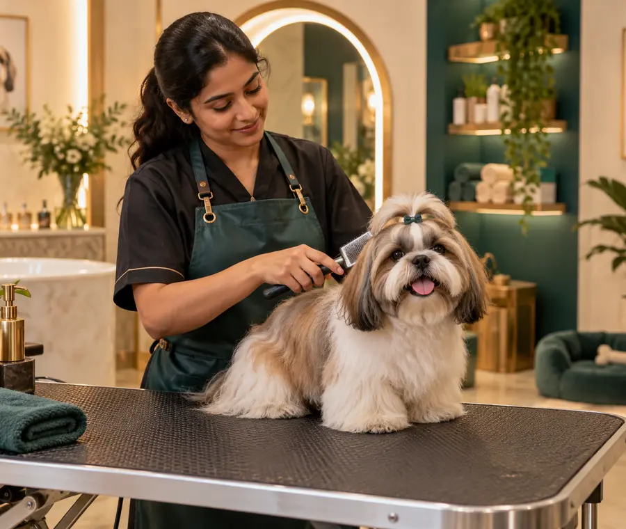 Professional pet groomer gently brushing a relaxed Shih Tzu