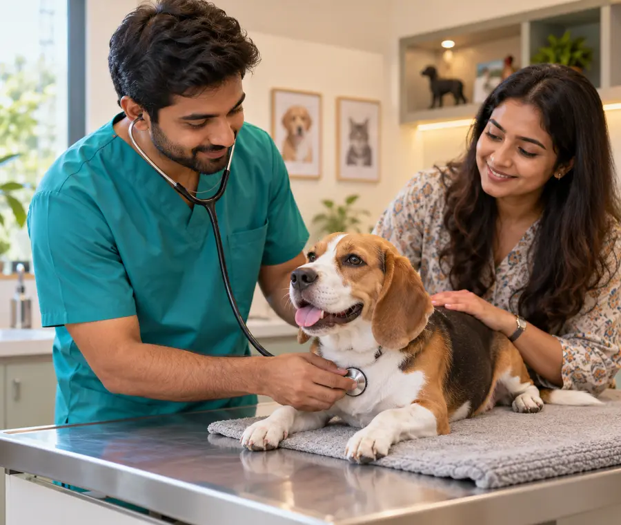 Veterinary professional gently caring for a dog with its pet parent nearby